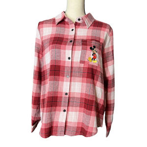 New Disney Flannel Shirt Button Up in Red Gray and White Plaid Size Small